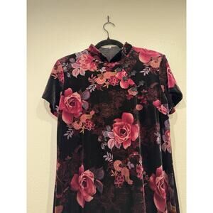 Asian Inspired Velvet Roses Floral Maxi Dress Womens Size 12 Dark Romantic Goth